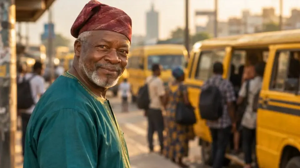 Baba Tunde smiling at a bus stop