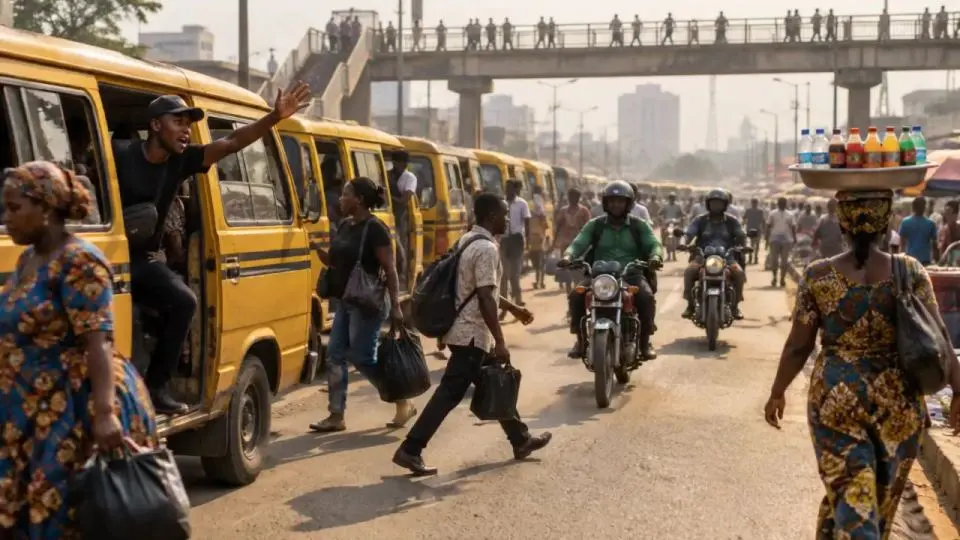 Yellow danfo buses and busy commuters