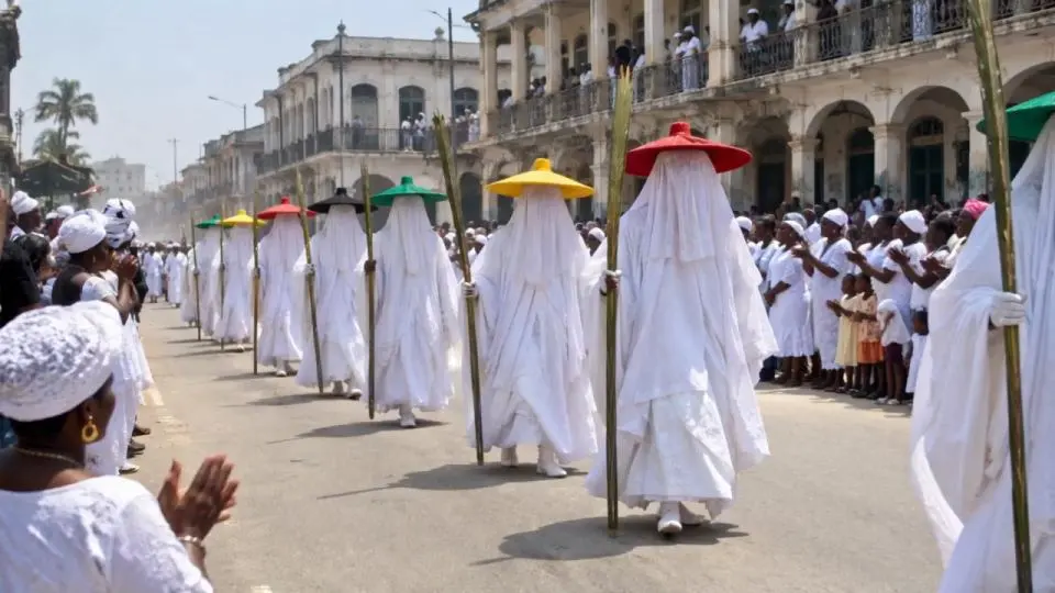 Eyo masquerades in white robes on Lagos Island
