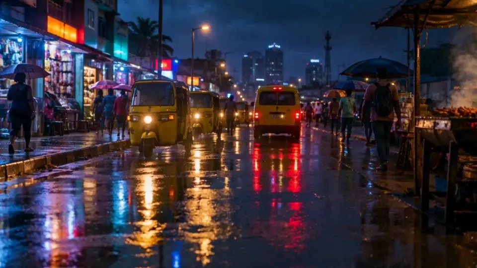Lagos street at night with neon shop signs and keke in the rain