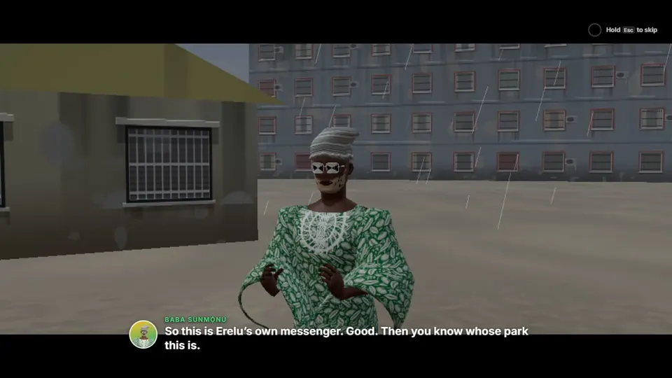 Baba Sunmonu in a green agbada speaking in a cutscene