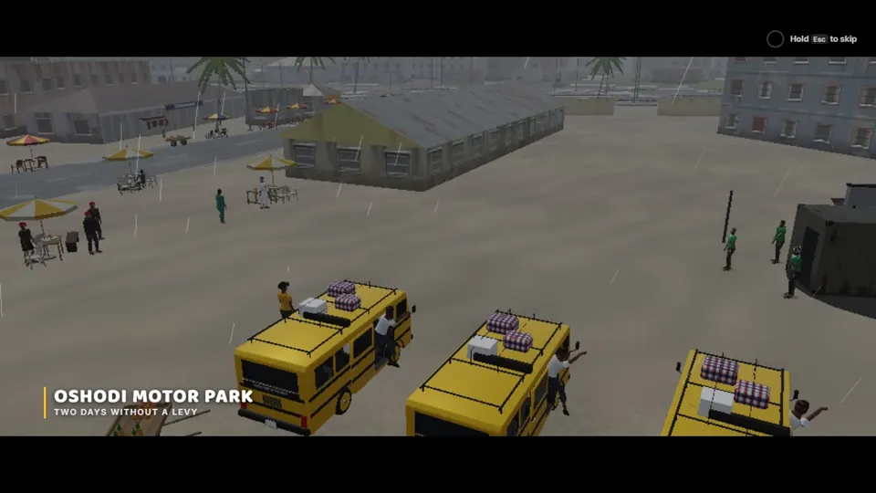 Oshodi motor park with yellow danfo buses, in game